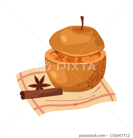 Baked apple or autumn dessert. Vector sweet fruit with cinnamon spice and nuts, sugar and butter. Roasted food or homemade treat. Delicious culinary for fall holiday or celebration. Natural nutrition. 130847712