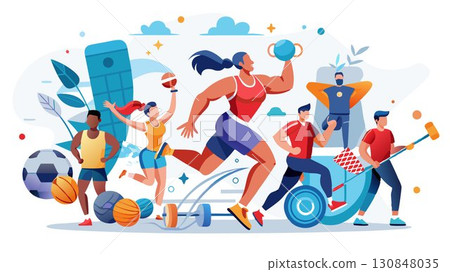 This high-resolution image captures the dynamic energy and focused intensity of athletes engaged in various sports training activities, producing a sophisticated and motivational aesthetic ideal for 130848035