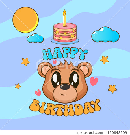 Happy birthday teddy bear vector illustration, cute animal character with pink balloon and birthday cake, creative design for kids greeting cards, stickers, labels, party invitations, and celebration 130848309