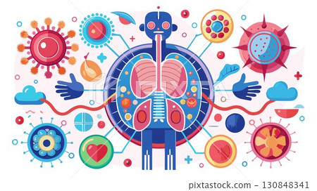 This high-resolution image captures the intricate details and dynamic processes of the immune system, producing a sophisticated and scientifically informative aesthetic ideal for biology textbooks, m 130848341