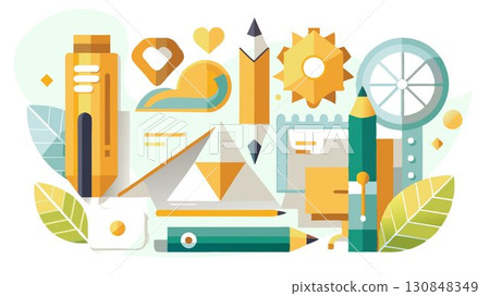 This high-resolution image captures the delicate beauty and precise details of paper art tools, beautifully contrasted against a minimalist white background, producing a sophisticated and artistic ae 130848349