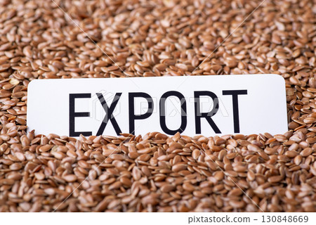Paper with inscription Export of linen grain. Trade of grain of linen plant concept 130848669