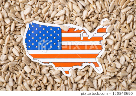 Flag and map of USA on sunflower seeds. Origin of grain, growing sunflowers in USA concept 130848690