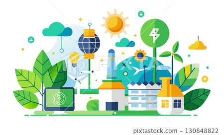 This high resolution image captures the vibrant energy and innovative designs associated with eco-tech, beautifully contrasted against a minimalist white background, producing a sophisticated and ins 130848822