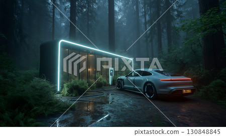 Futuristic EV charging station in the forest Futuristic EV charging station in the forest 130848845