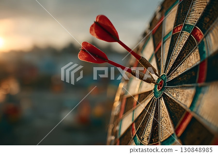 Darts hit the bullseye on the target board, symbolizing successful achievement of a clear goal with accuracy at sunset. Darts hit the bullseye on the target board, symbolizing successful achievement of a clear goal with accuracy at sunset. 130848985