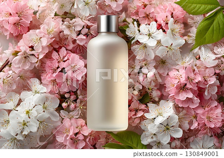 A pale beauty bottle rests gently, surrounded by vibrant pink and white spring blossoms, symbolizing nature's soft elegance. 130849001