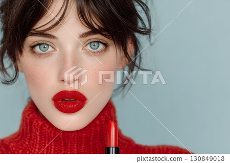 A pretty woman with blue eyes and red lips holds a red lipstick. Her expression highlights her simple, radiant beauty. 130849018