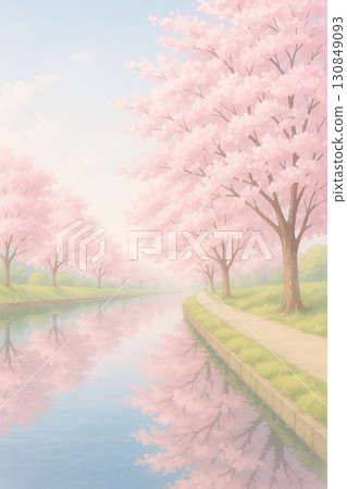 春天 | 半透明的櫻花樹和藍天漸變（垂直） 130849093