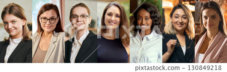 Collage of businesswomen portraits in formal outfits with confident and approachable expressions 130849218