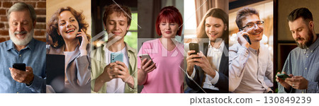 Group collage of people using smartphones with happy and focused expressions in mixed settings Group collage of people using smartphones with happy and focused expressions in mixed settings 130849239
