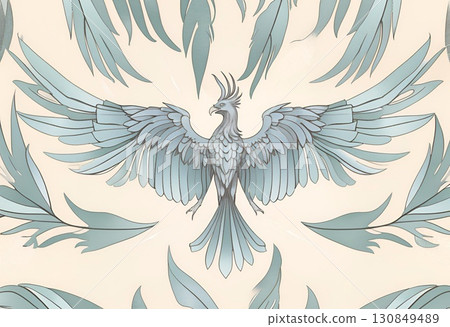 Stylized blue mythical bird with outstretched wings and feather accents 130849489