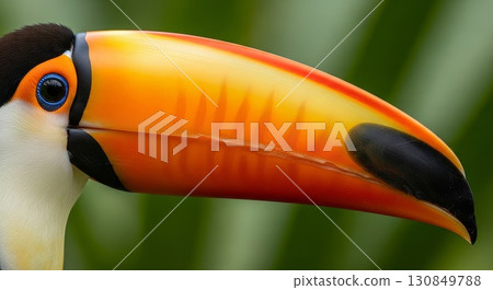 Close-up Portrait of Colorful Toucan Bird with Vibrant Orange Beak 130849788