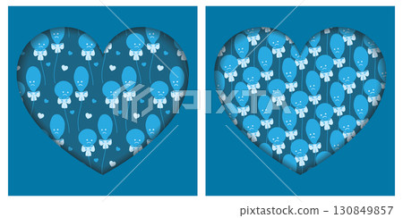 Circle and Deflated Blue Balloons with Set Face Pattern in Heart Shape Backdrop Paper Cut Effect Set 130849857