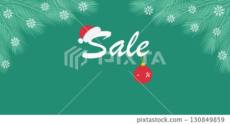 Sale Text with Santa Hat and Christmas Ball with Discount Template and Pine Twigs Snow Banner Format 130849859
