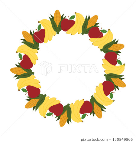 Banana Bunch Apples and Corn Circular Frame border. Kwanzaa Holidays or Harvest Copy space Template Banana Bunch Apples and Corn Circular Frame border. Kwanzaa Holidays or Harvest Copy space Template 130849866