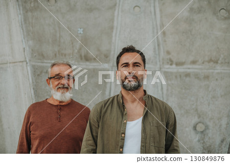 Generational family portrait of father and grown-up son 130849876
