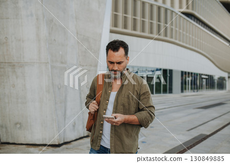 Portrait of confident middle-aged man browsing on smartphone. 130849885