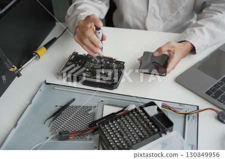 Computer Hardware dissemblers fixing computer PC. 130849956