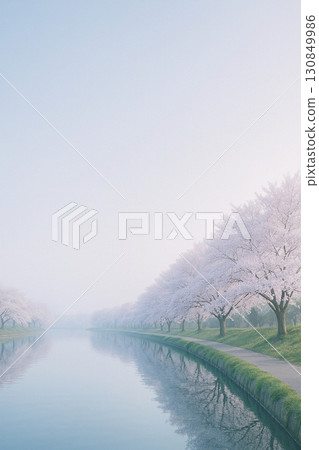 Spring | Tree-lined canal and reflections on the water (vertical) 130849986