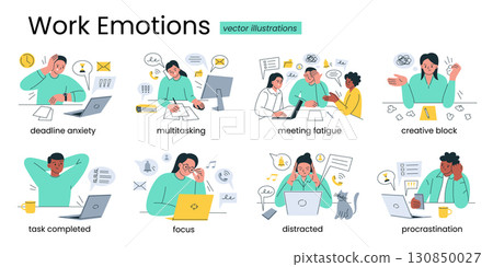 Collection of flat cartoon vector illustrations with office workers and employees, work emotions. Procrastination, burnout, deadline anxiety, creative block, focus, multitasking, meeting fatigue Collection of flat cartoon vector illustrations with office workers and employees, work emotions. Procrastination, burnout, deadline anxiety, creative block, focus, multitasking, meeting fatigue 130850027
