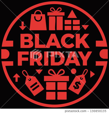 An illustrated red and black circular emblem for Black Friday sales. 130850135