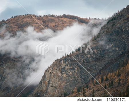 Mountains Partially Covered in Clouds. Amazing foggy mountain landscape with autumnal forest. Fog over evergreen coniferous and orange deciduous forest in autumn mountain landscape on Altai, Russia Mountains Partially Covered in Clouds. Amazing foggy mountain landscape with autumnal forest. Fog over evergreen coniferous and orange deciduous forest in autumn mountain landscape on Altai, Russia 130850171