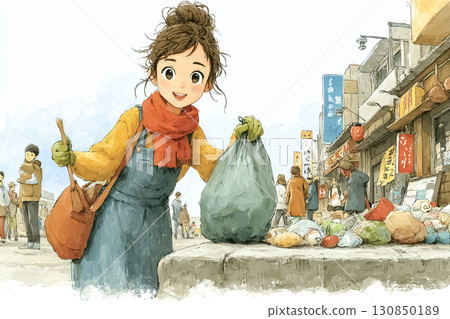 美優系列:美優和當地人一起參與清掃商店街的場景 美優系列:美優和當地人一起參與清掃商店街的場景 130850189