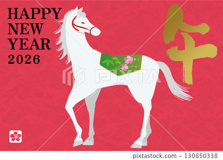 新年賀卡設計 2026 匹馬年新年賀卡模板 白馬插圖 130850338