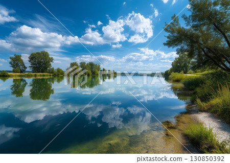A lake landscape with blue sky and clouds reflected in it | A summer landscape that exudes the beauty and healing of nature 130850392