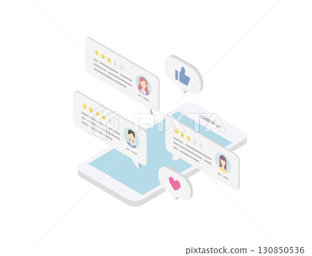 A vector illustration (isometric) of customer satisfaction ratings based on reviews and word-of-mouth displayed on a smartphone A vector illustration (isometric) of customer satisfaction ratings based on reviews and word-of-mouth displayed on a smartphone 130850536