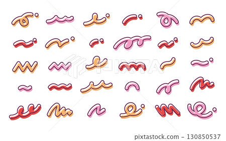 Simple and cute abstract decorative illustration set: Memphis, curls, stylish lines, waves, zigzags, jagged edges 130850537