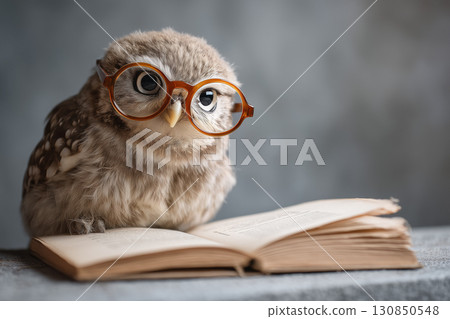 一隻正在閱讀的眼鏡貓頭鷹 | 表達智慧和幽默的學習概念圖像 一隻正在閱讀的眼鏡貓頭鷹 | 表達智慧和幽默的學習概念圖像 130850548