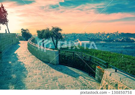 View from the Mount of Olives to the Old City of Jerusalem during sunset, Israel 130850758