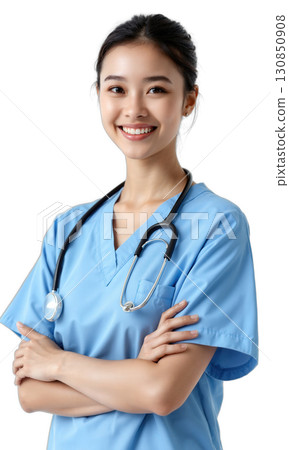 trusted pediatrician portrait - A waist-up shot of a female doctor in scrubs holding a stethoscope and smiling, on transparent trusted pediatrician portrait - A waist-up shot of a female doctor in scrubs holding a stethoscope and smiling, on transparent 130850908