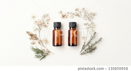 Two amber glass bottles with wildflowers 130850938
