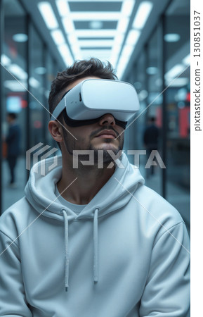 3D White Dev VR Headset 3D stylized White male 27 hoodie VR headset looking upward, cool light, shallow 3D White Dev VR Headset 3D stylized White male 27 hoodie VR headset looking upward, cool light, shallow 130851037