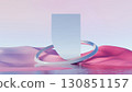3d render, Abstract surreal landscape with geometric tower and silver ring on pastel background 130851157