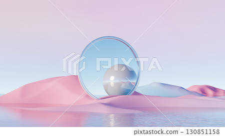 3d render, Surreal minimal landscape with reflective sphere inside transparent ring on pastel hills 130851158
