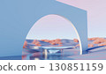 3d render, Surreal minimal scene with large arch structure and reflective circular platform on pastel desert 130851159