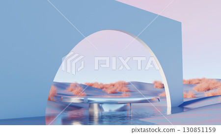 3d render, Surreal minimal scene with large arch structure and reflective circular platform on pastel desert 130851159
