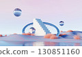 3d render, Surreal minimal scene with floating reflective spheres and white staircase on pastel desert 130851160