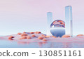 3d render, surreal abstract landscape with glass sphere and mirror towers 130851161