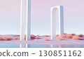 3d render, surreal abstract landscape with tall white arch structures in desert 130851162