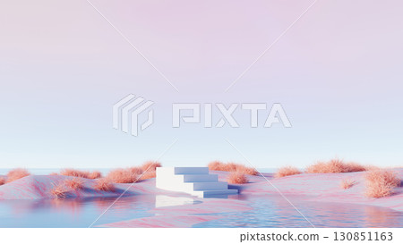 3d render, surreal abstract desert landscape with white staircase and water 130851163