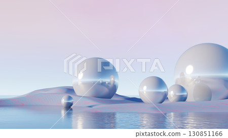 3d render, Surreal spheres on pastel landscape with water reflection in futuristic style 130851166