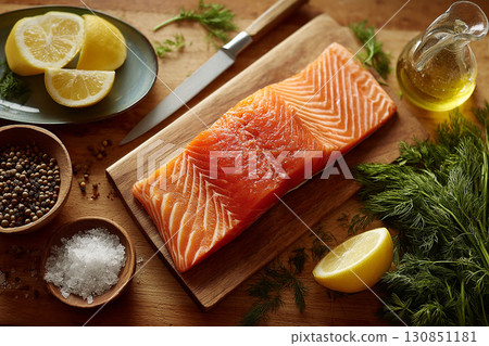 Raw Salmon Fillet on a Cutting Board with Herbs and Spices 130851181