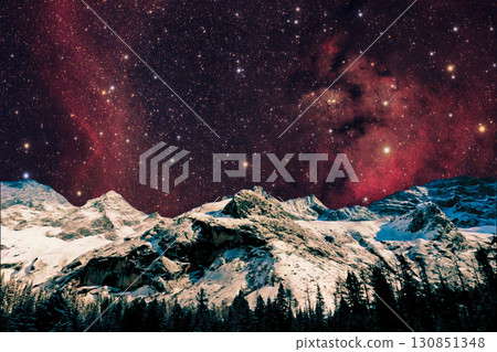 night view of snowy mountain range and milky way. starry night sky with stars and moon. beautiful landscape with snowy mountain peaks in winter night. night view of snowy mountain range and milky way. starry night sky with stars and moon. beautiful landscape with snowy mountain peaks in winter night. 130851348