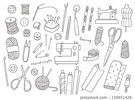Illustration set related to sewing and handicrafts (monochrome) 130851426