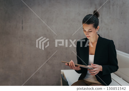 Portrait of young businesswoman working on tablet in office. 130851542